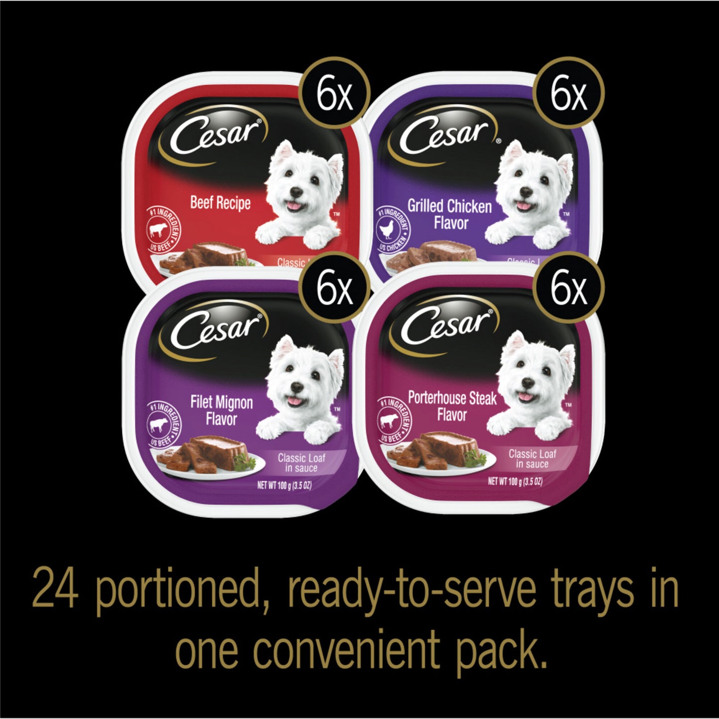 Cesar Soft Classic Loaf In Sauce Beef, Filet Mignon, Grilled Chicken & Porterhouse Steak Wet Dog Food Variety Pack