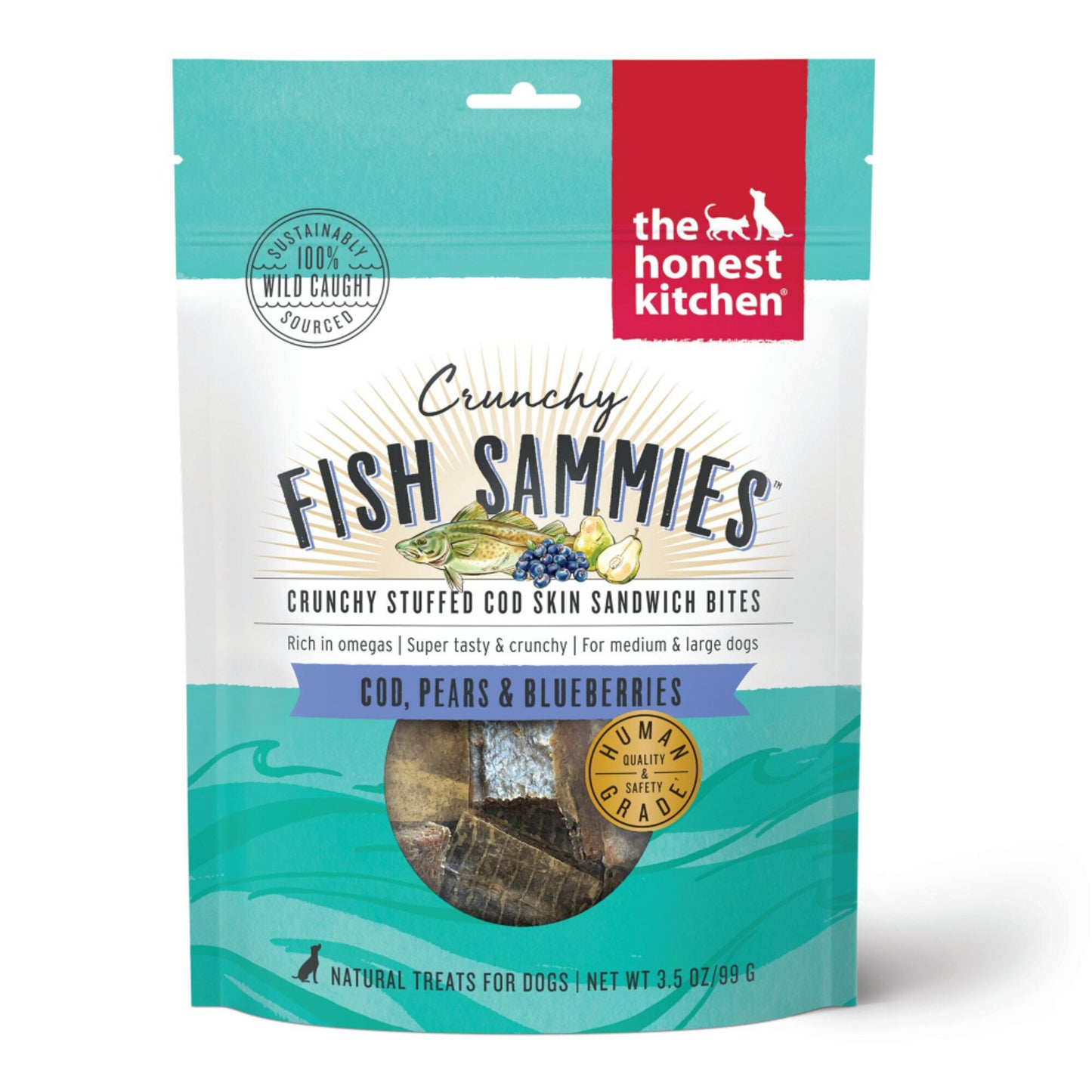 The Honest Kitchen Crunchy Fish Sammies Cod Stuffed with Pears & Blueberries for Medium & Large Dogs Natural Dog Treats