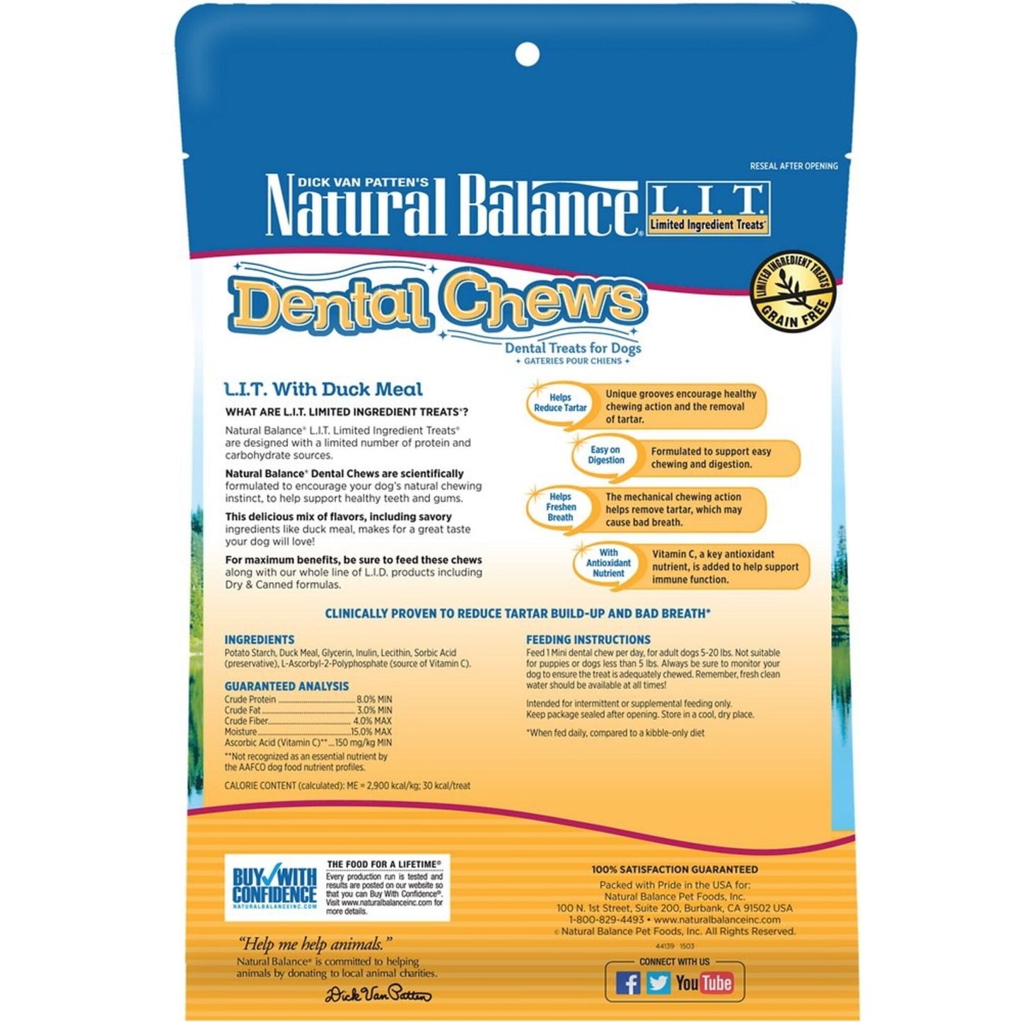 Natural Balance LIT with Grain Free Duck Meal Dental Dog Chew