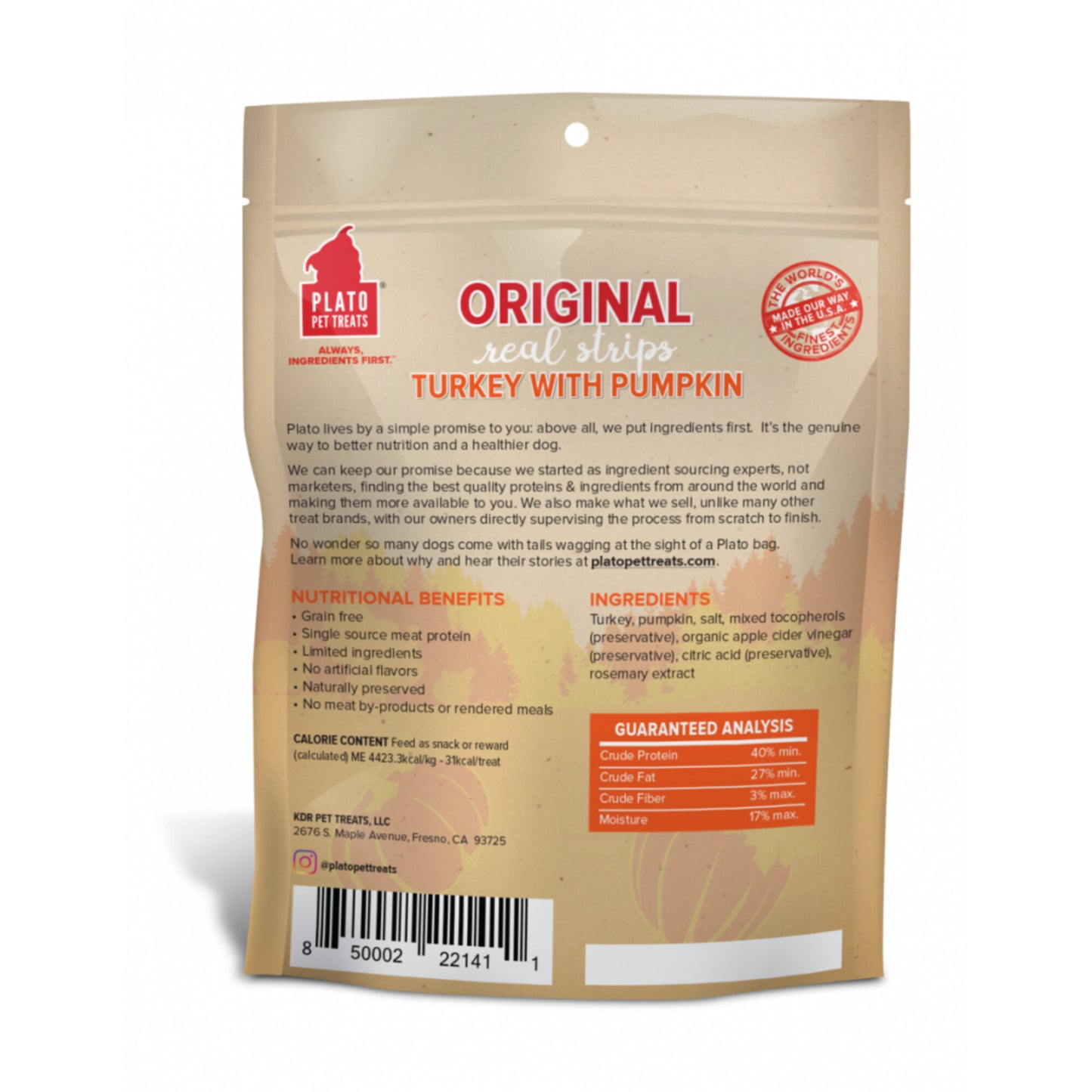 Plato Grain Free Real Strips Turkey With Pumpkin Dog Treats