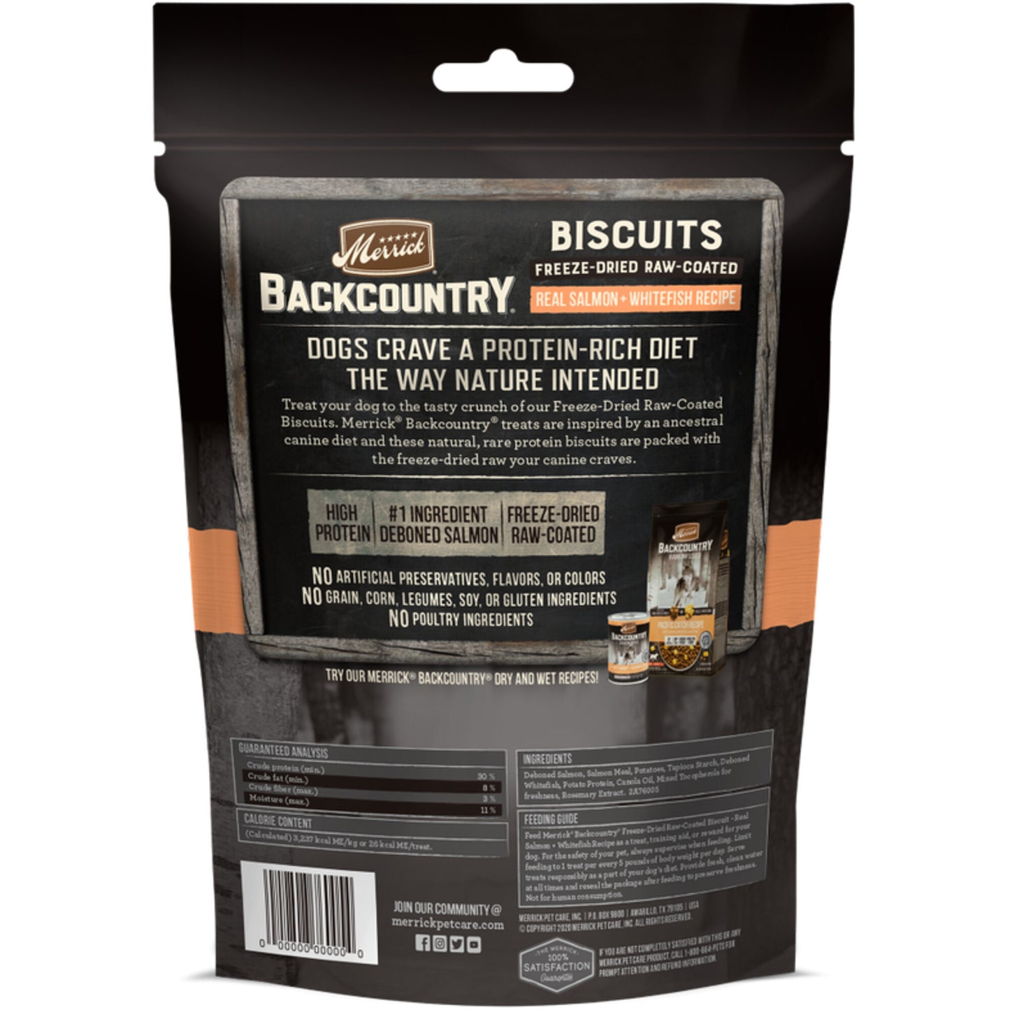 Merrick Backcountry Grain Free Salmon & Whitefish Recipe Freeze Dried Raw Coated Biscuit Dog Treats