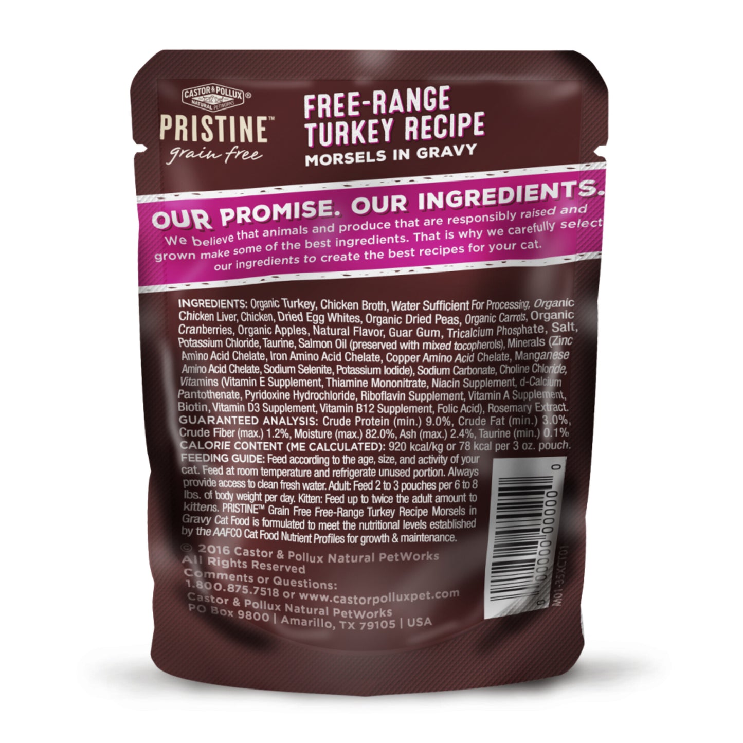 Castor and Pollux Pristine Grain-Free Free-Range Turkey Morsels in Gravy Wet Cat Food Pouches