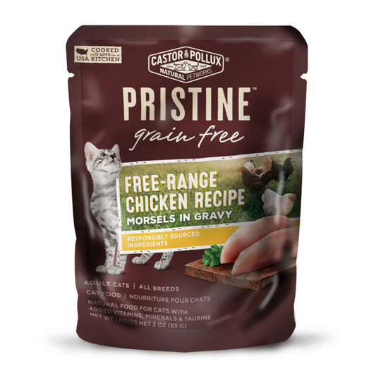Castor and Pollux Pristine Grain-Free Free-Range Chicken Morsels in Gravy Wet Cat Food Pouches