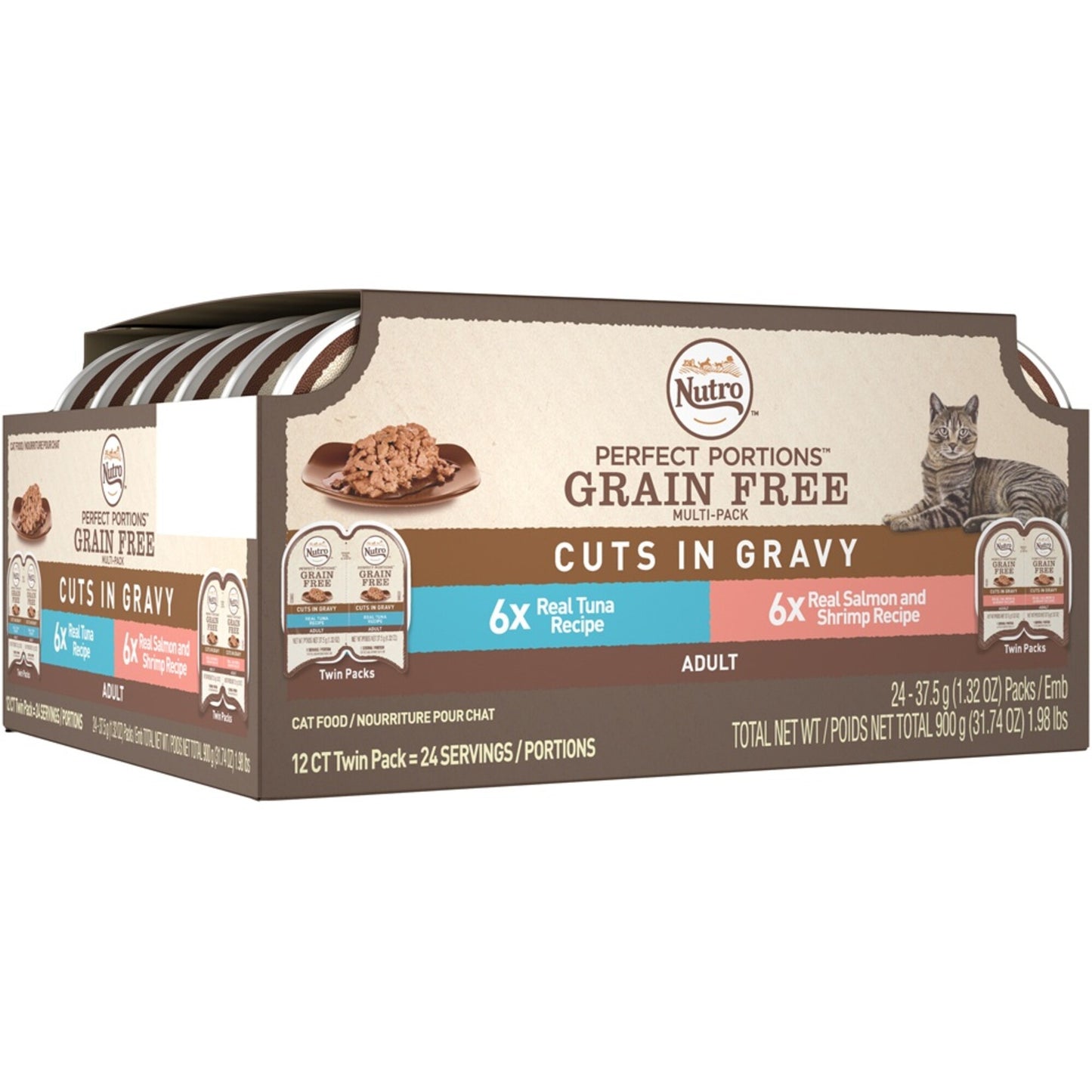 Nutro Perfect Portions Grain Free Tuna, Salmon, & Shrimp Cuts in Gravy Wet Cat Food Tray Variety Pack