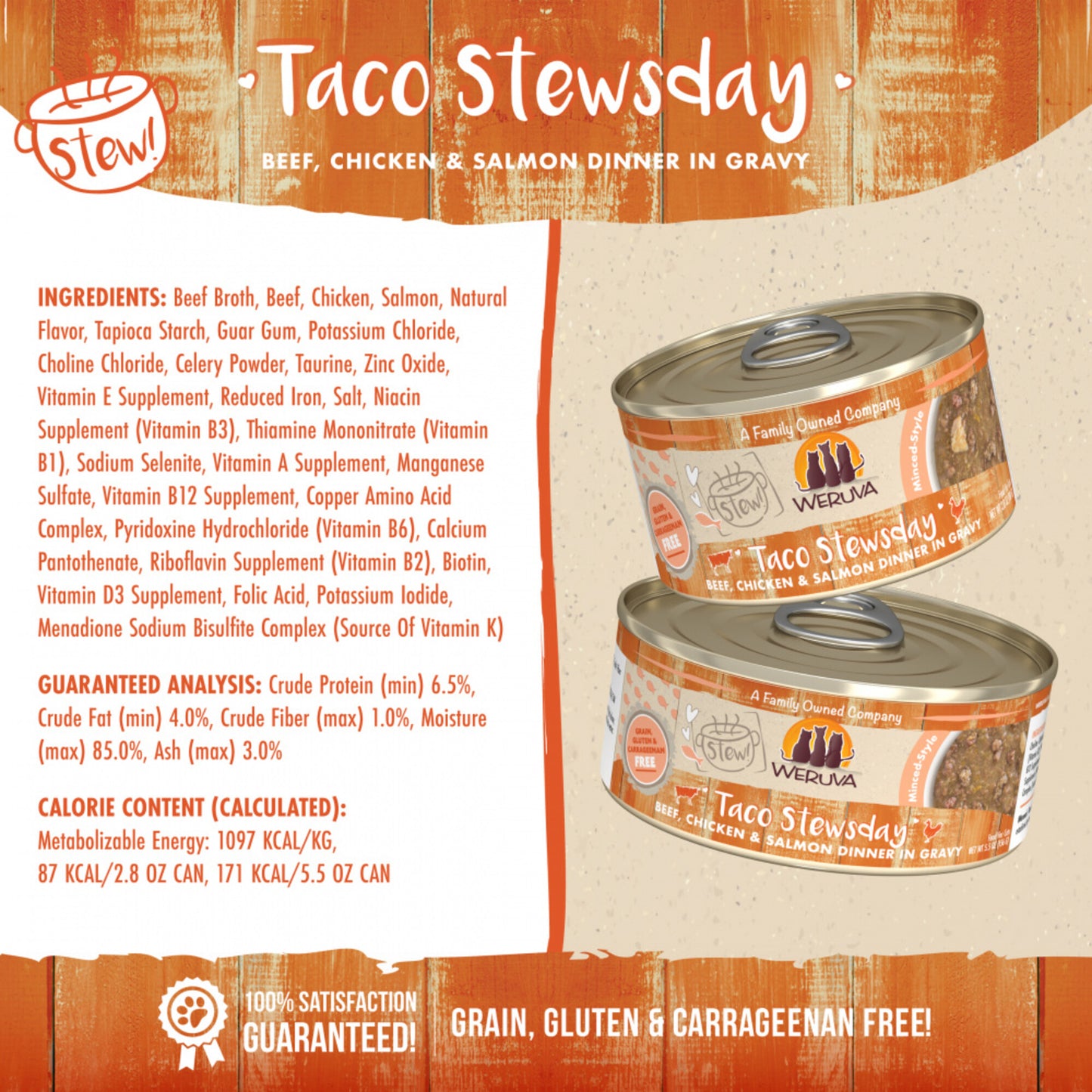 Weruva Classic Cat Stews! Taco Stewsday with Beef Chicken & Salmon in Gravy Canned Cat Food