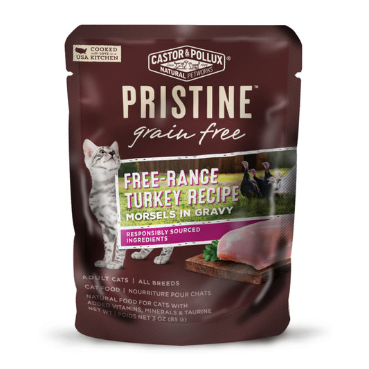 Castor and Pollux Pristine Grain-Free Free-Range Turkey Morsels in Gravy Wet Cat Food Pouches