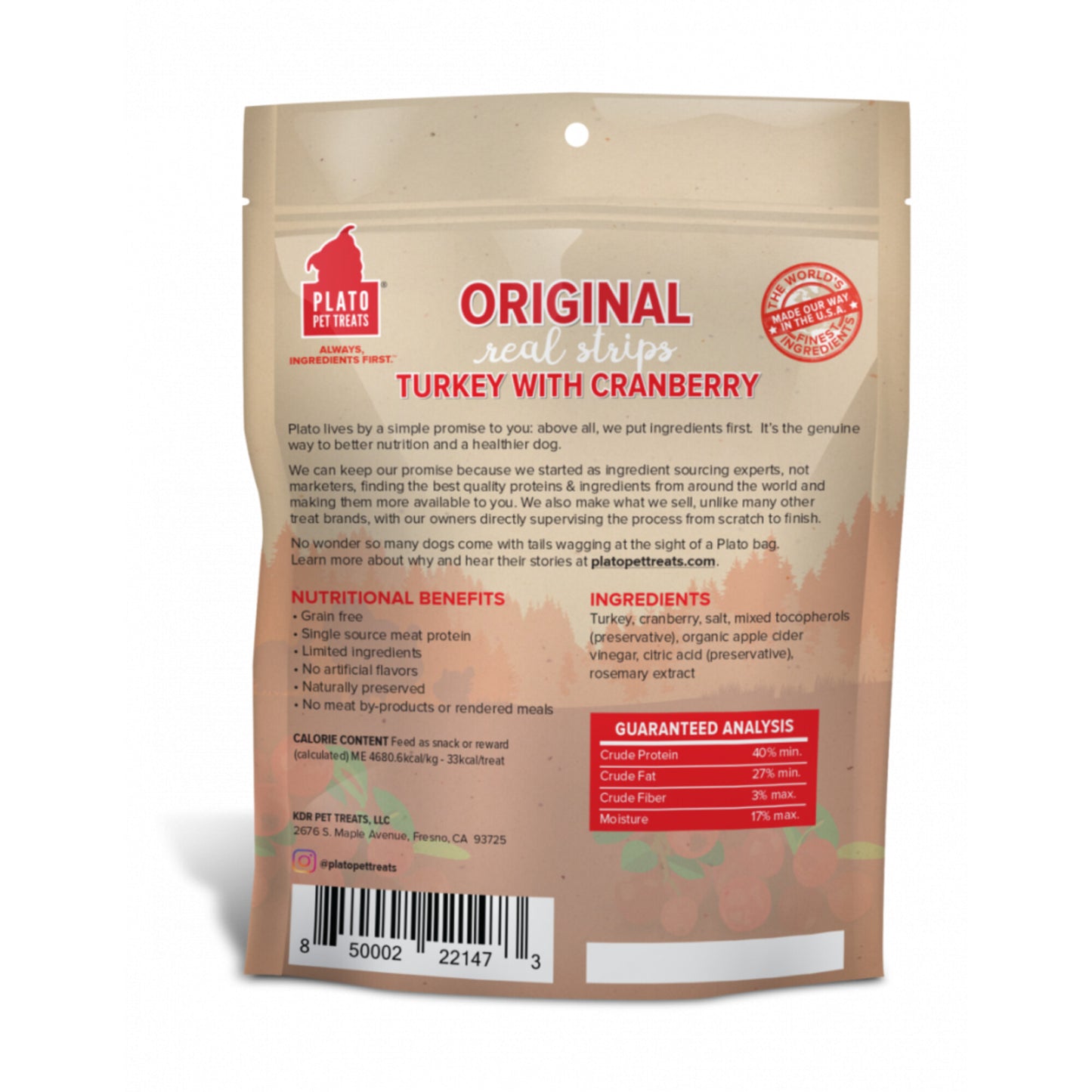 Plato Grain Free Real Strips Turkey With Cranberry Dog Treats