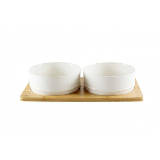 BeOneBreed White Ceramic Bowls on Bamboo Base