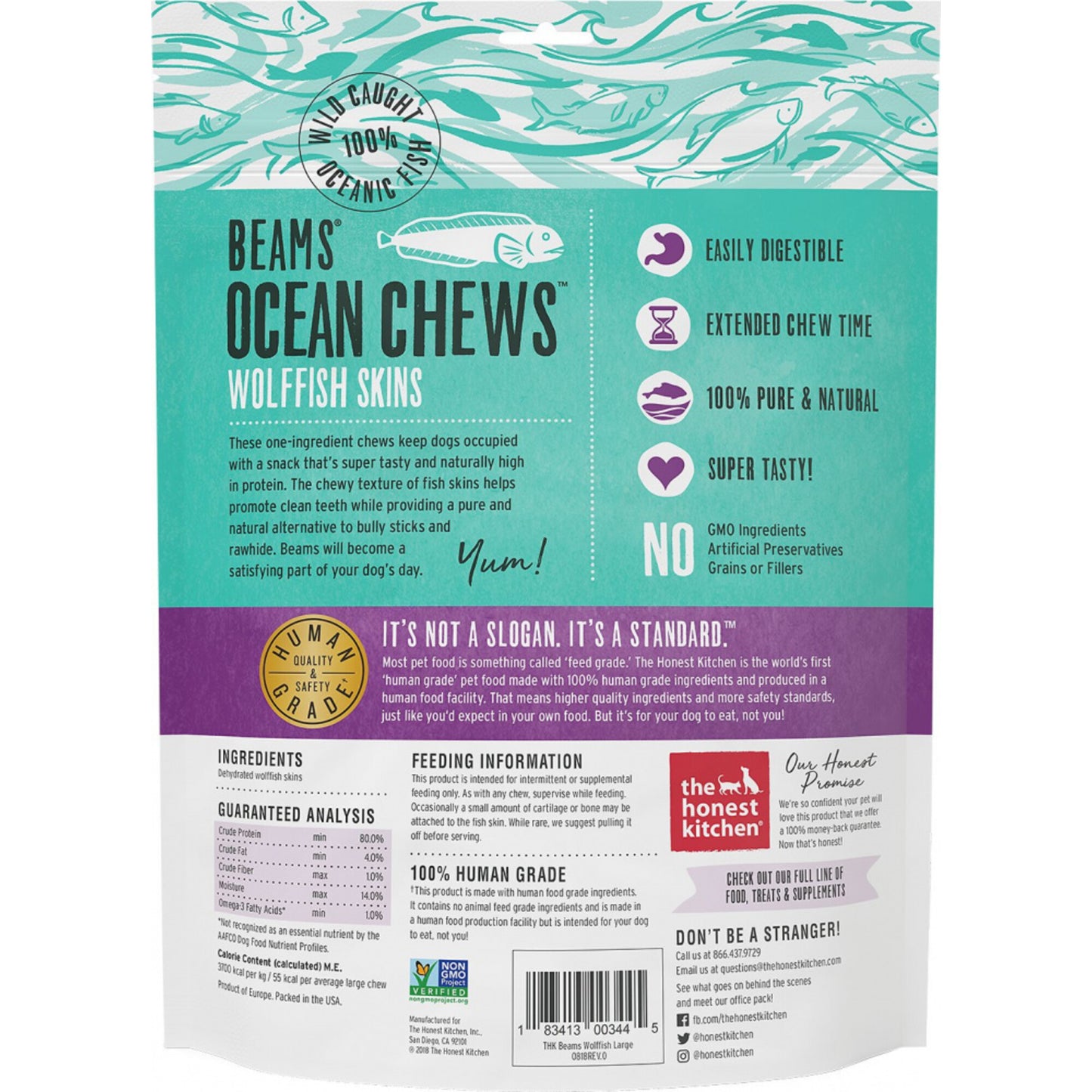 The Honest Kitchen BEAMS Grain Free Large Ocean Chews Wolffish Skin Dog Treats