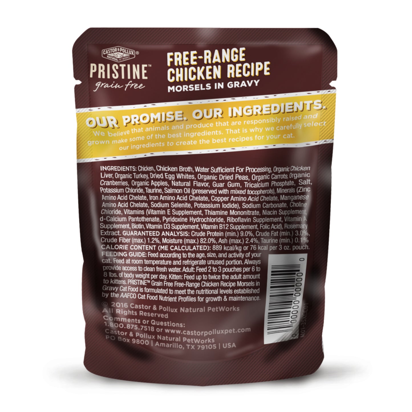 Castor and Pollux Pristine Grain-Free Free-Range Chicken Morsels in Gravy Wet Cat Food Pouches